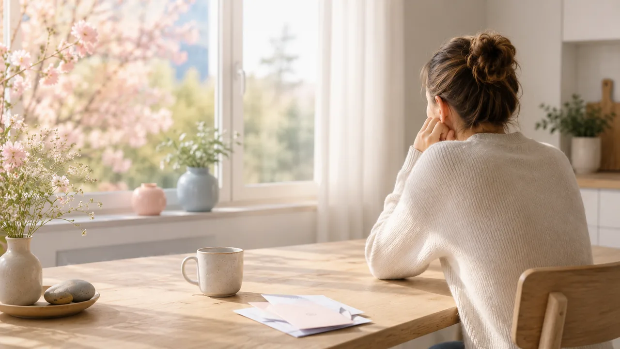 Kvinde sidder på en sofa omgivet af en kop kaffe, et tæppe og ulæste papirer