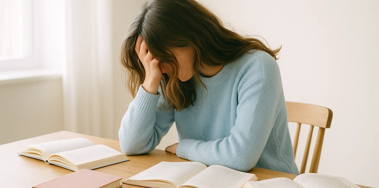 Kvinde sidder ved et bord med åbne bøger og lægger hovedet i hånden i stress