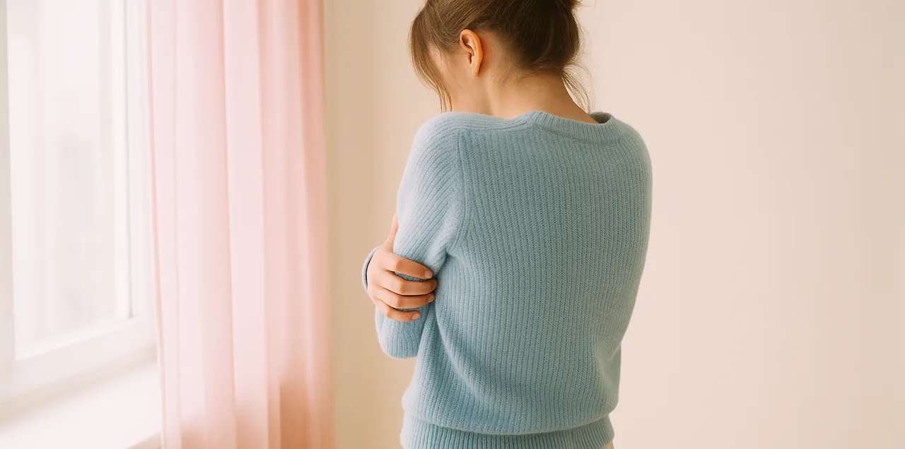 Kvinde står ved et vindue med armene viklet om sig selv i en selvberoligende bevægelse